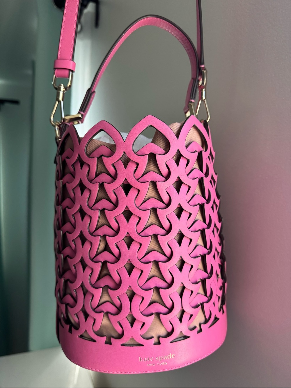 Kate Spade Dorie Small Bucket Bag Hibiscus Tea Pink Laser Cut Leather